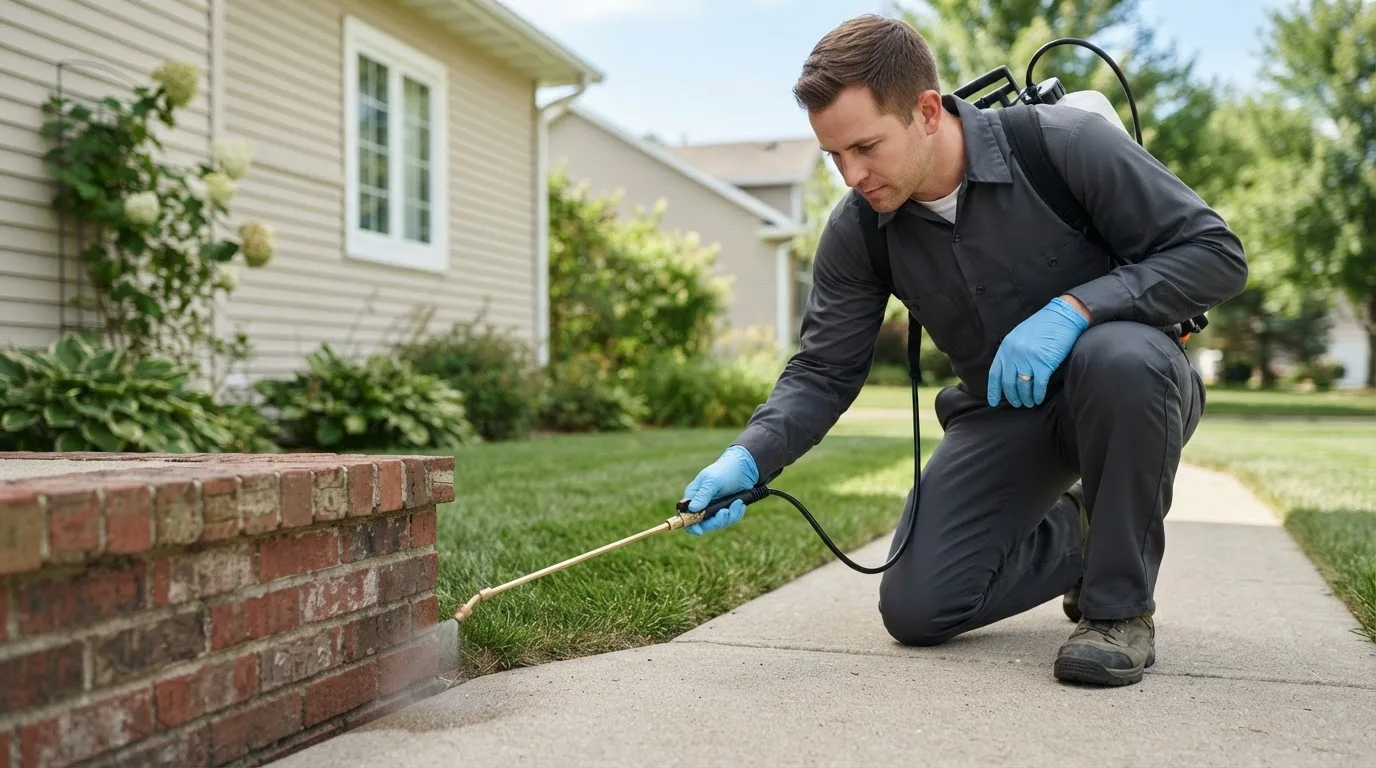 Pest control technician treating a home near Sedley, VA
